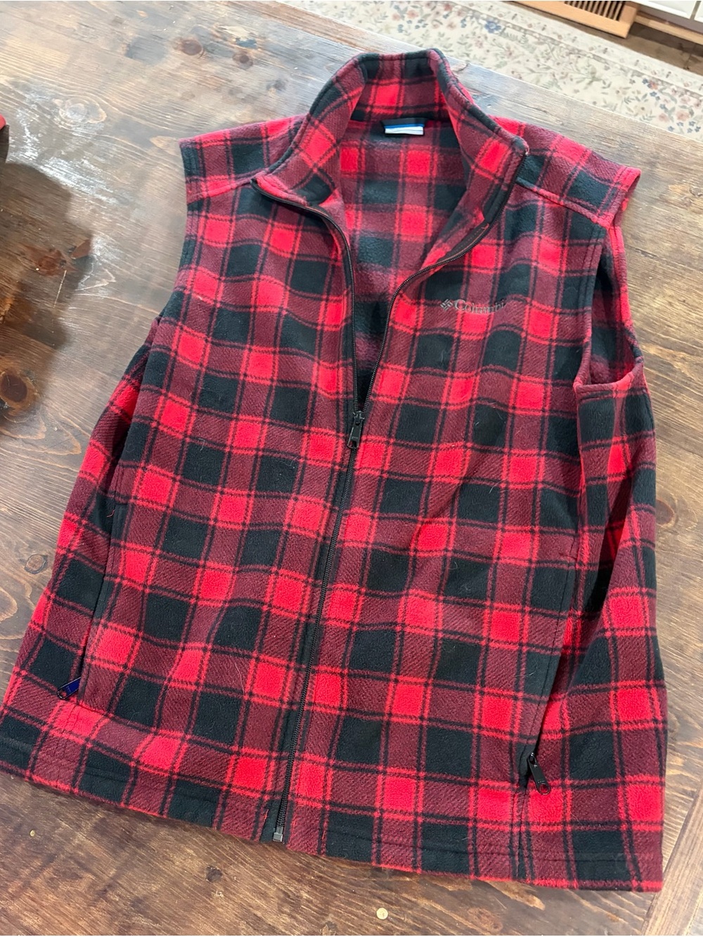 Columbia Men's Red and Black Plaid Fleece Vest